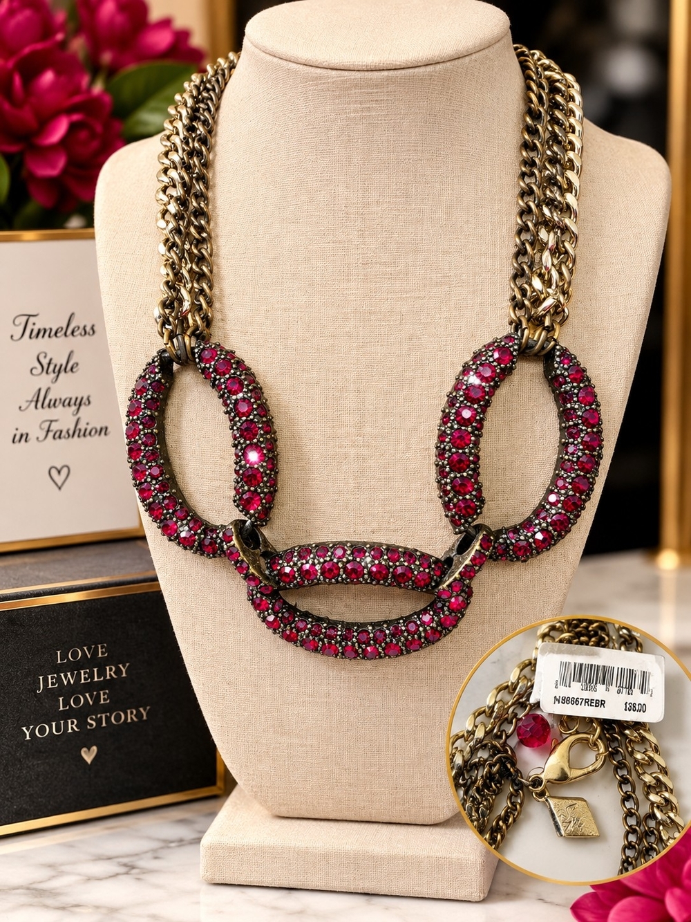 Gold-Tone Necklace with Pink Crystal Links -